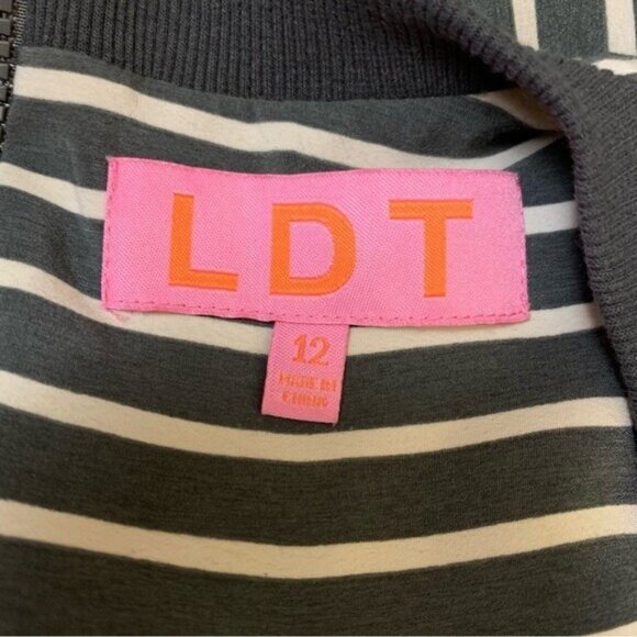 LDT Striped Balloon Sleeve Tunic Dress Gray White Modest Chic Oversized 12 - Picture 6 of 7